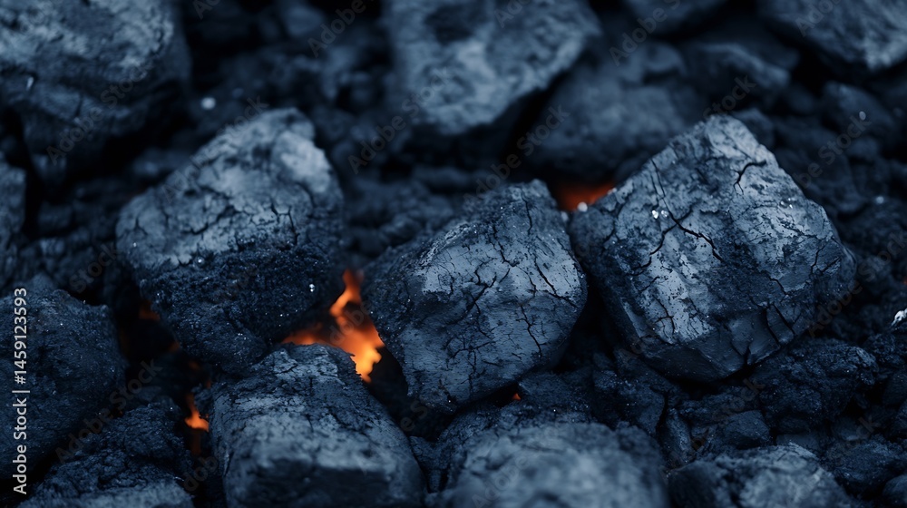 Poster close-up view of glowing embers, dark charcoal briquettes with visible cracks and texture, showing o