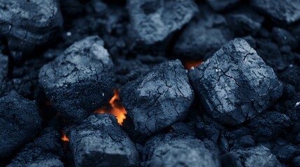Close-up view of glowing embers, dark charcoal briquettes with visible cracks and texture, showing orange flames between pieces. : Generative AI
