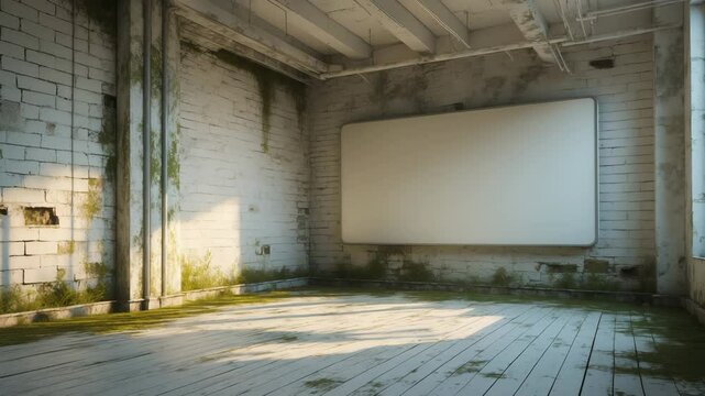 Textured background of old white brick and stone wall with light wood flooring in a deserted interior, featuring a whiteboard and a clean, empty horizontal studio space