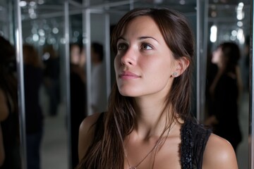 A beautiful woman gazes upward in a mirror-filled room, creating an infinite reflection effect that symbolizes self-discovery and the interconnectedness of self in art spaces.