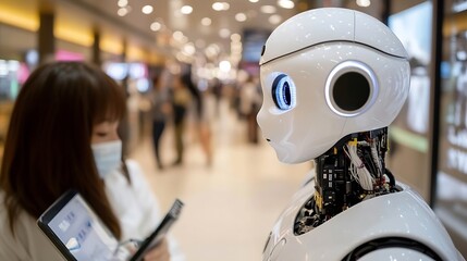 Fototapeta premium A futuristic white robot stands in a modern shopping mall, a woman with a tablet is blurred in the background. : Generative AI
