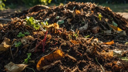 Obraz premium Close up of a compost pile with leaves and dirt in a garden on a sunny day in the afternoon light