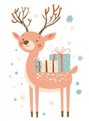 Naklejka premium Festive reindeer transporting wrapped christmas present through snowy woodland, embodying holiday cheer and magical winter spirit