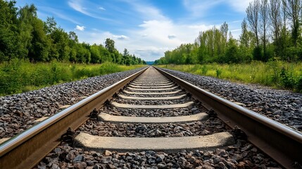 Naklejka premium A scenic railway track stretches towards a horizon under a vibrant summer sky, flanked by lush green trees and vegetation. : Generative AI