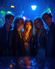 Obraz premium Young adults in leather jackets standing outdoors in heavy rain with colorful lights in background
