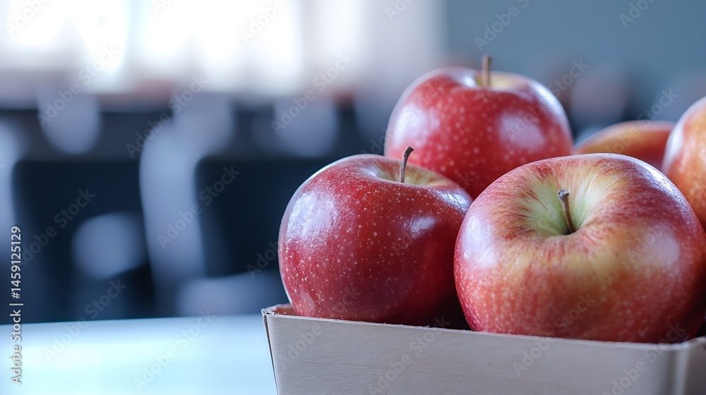 Poster close-up of three ripe red apples in a light wooden crate, sitting on a table with a blurred backgro