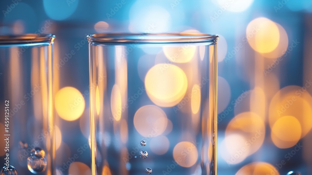 Poster close-up of two glass beakers with liquid droplets falling against a bokeh background of blue and go