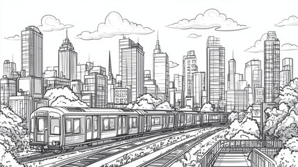 Line art of a train passing through urban landscape of skyscrapers. Useful for coloring books, travel illustrations, or city themed designs.