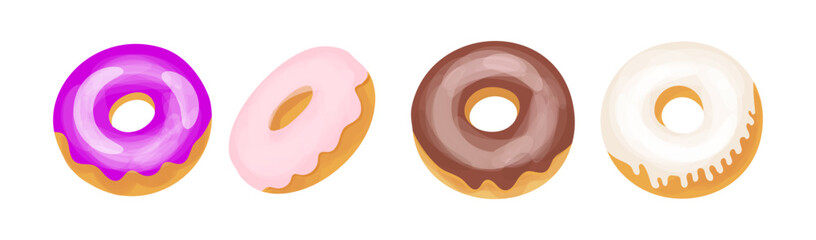Set Of Hand-Drawn Donuts With Pink, Chocolate, Purple And White Glaze In Artistic Style, Perfect For Cafe Branding, Menu Design, Bakery Ads, Packaging, Kids Projects And Food Decor