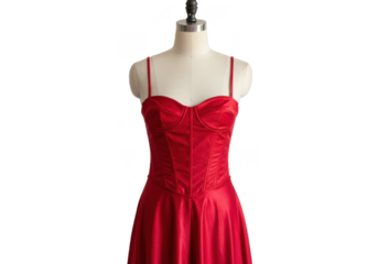 Elegant red dress on mannequin isolated on transparent background