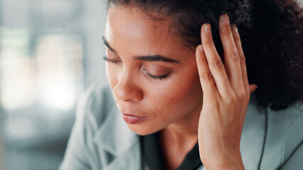 Business woman, headache or burnout at office with mental fatigue, brain fog or vertigo issue....