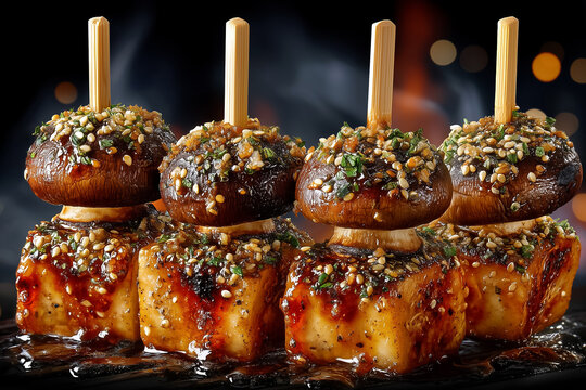 Vegan mushroom skewers grilling with smoky char marks. Dark dramatic background enhances colors of the food. Concept of plant-based dining, barbecue restaurants, outdoor events