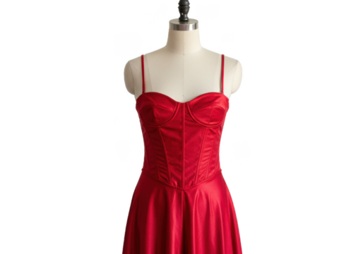 Elegant red dress on mannequin isolated on transparent background