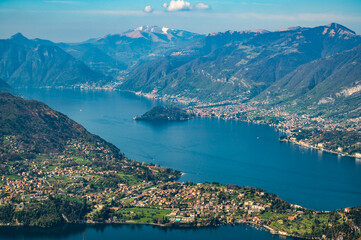 Obraz premium Panorama of Lake Como photographed from Ortanella, showing Bellagio, Balbianello, the Lecco and Como shores of the lake and the mountains above.