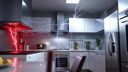 Futuristic kitchen interior with electricity effects and modern design elements - Powered by Adobe