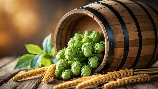 Brewery setting with beer. Fresh green hops and wheat next to a wooden barrel on a table. Brewing ingredients.