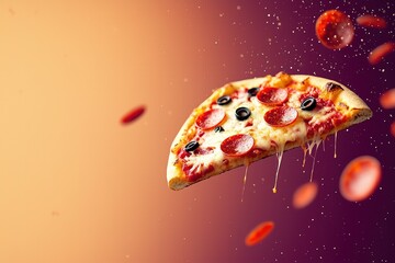 A delectable pizza slice in mid-air, dripping with melted cheese.