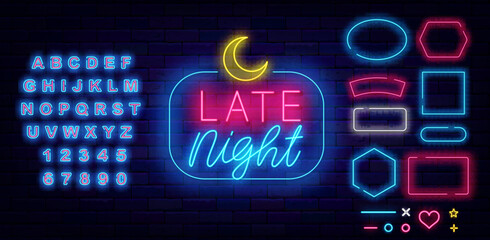 Late night neon emblem. Dark evening sale and party. Glowing sign. Shiny blue alphabet. Vector stock illustration