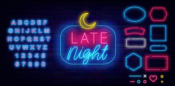 Late night neon emblem. Dark evening sale and party. Glowing sign. Shiny blue alphabet. Vector stock illustration