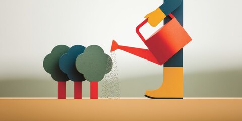 National Garden Week Colorful abstract art: person watering trees with red watering can