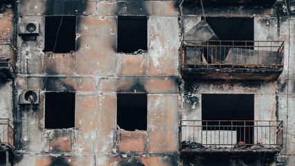 ruined street and destroyed houses in Ukraine