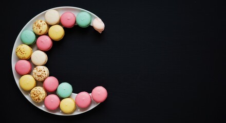 Obraz premium Colorful Macarons Arranged in a Crescent Moon Shape on a Dark Background: A Delightful Pastry Display