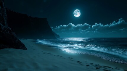 Full moon illuminating a dark coastal beach scene