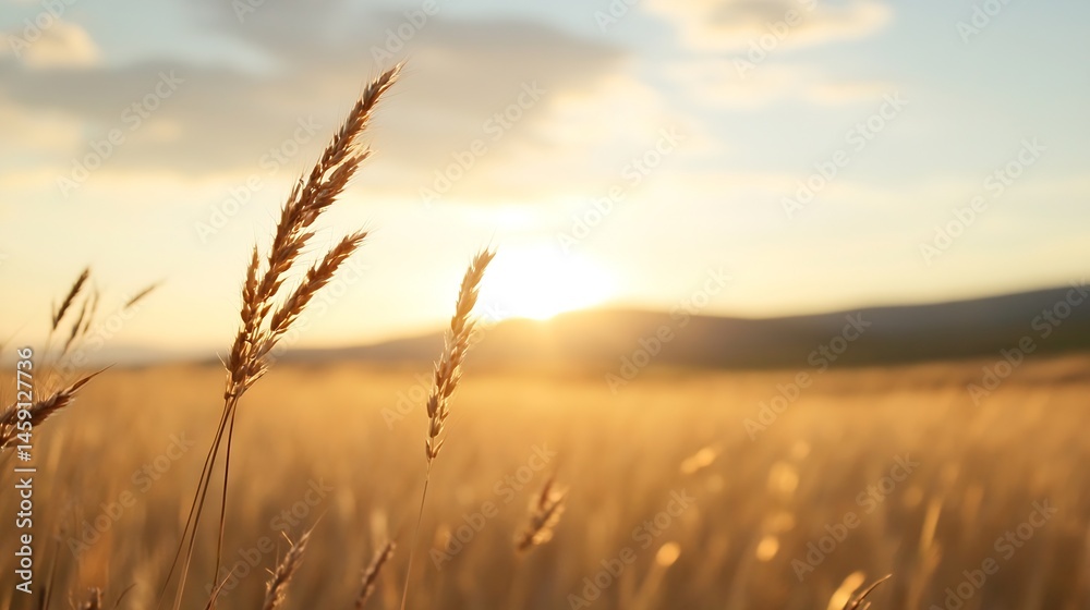 Poster golden wheat stalks illuminated by the setting sun in a vast field, creating a serene and peaceful l