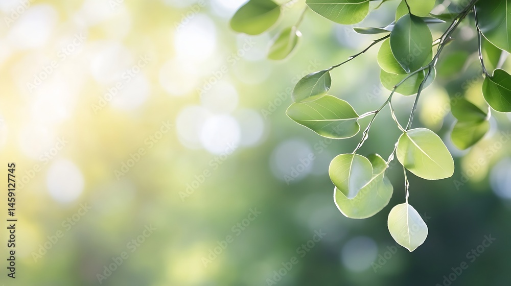 Poster sunlight illuminates vibrant green leaves on a branch, creating a serene and peaceful natural scene.