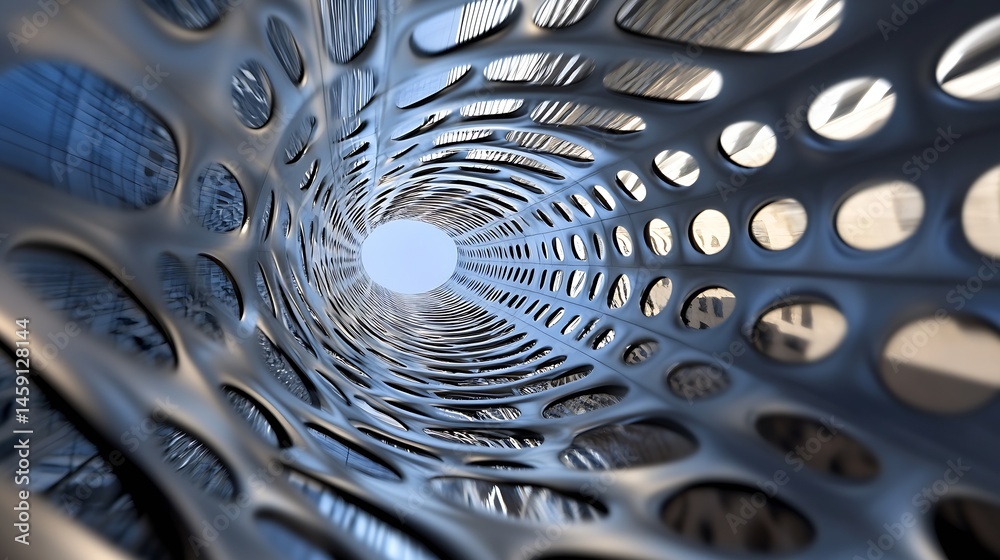 Leinwandbilder Abstract architectural visualization: a futuristic metallic tunnel with an organic, perforated design, showcasing a bright sky through its openings. : Generative AI