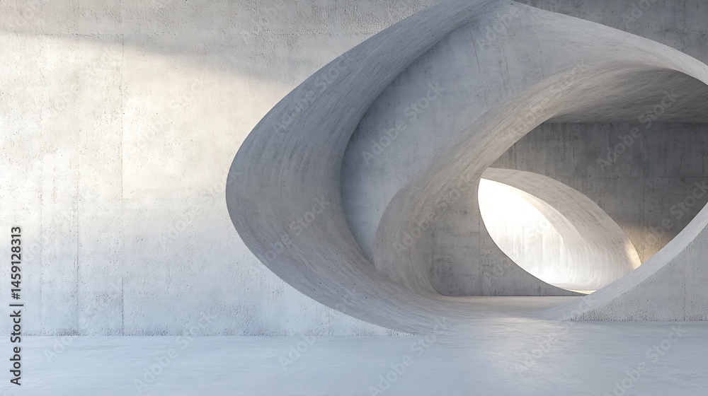 Fototapete Abstract architectural rendering of a modern concrete interior space featuring curved walls and openings, creating a sense of depth and light. : Generative AI