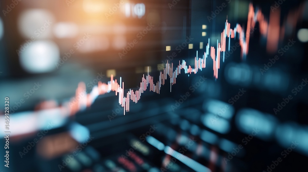 Poster abstract stock market graph showing fluctuating prices, depicted in red and blue on a dark backgroun