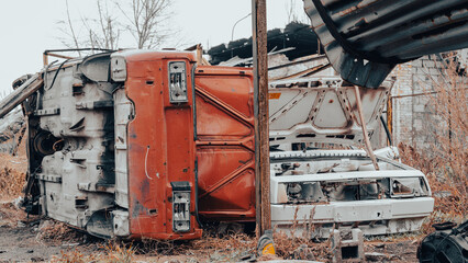 ruined street and destroyed houses in Ukraine