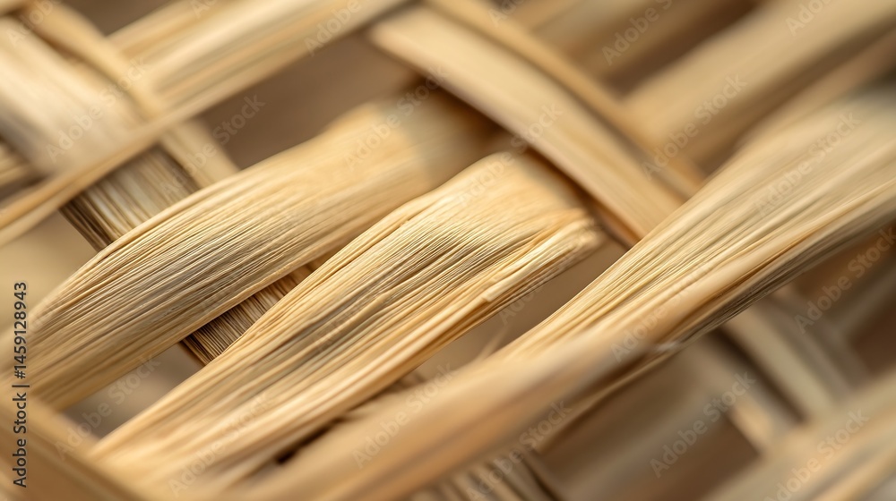 Poster close-up view of intricately woven beige plant fibers, showcasing a detailed texture and pattern of 