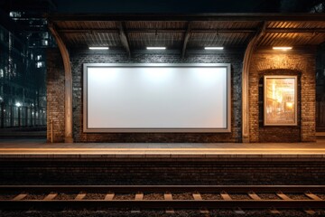 Empty billboard at a dimly lit train station platform at night, surrounded by brick walls and illuminated signs.