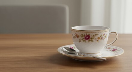 Fototapeta premium Elegant Teacup on Wooden Table: A Moment of Tranquility and Simple Pleasures