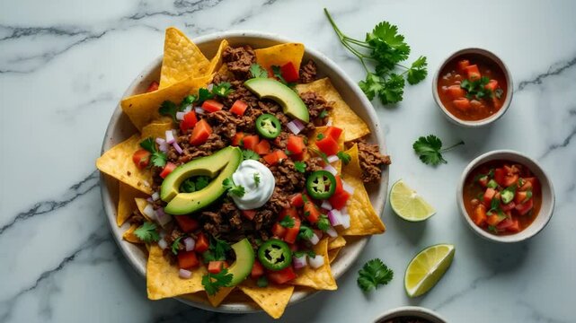 Idea for dishes. Top view of a white plate featuring corn nachos, avocado, pepper, salsa, and grilled minced meat, with copy space.