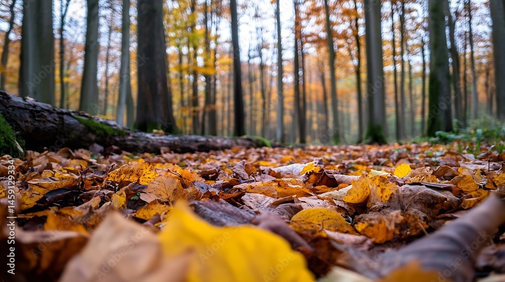 Poster autumnal forest floor close-up: a carpet of fallen golden and brown leaves, partially obscuring a mo