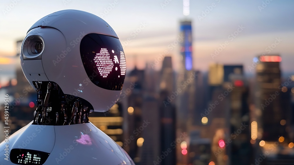 Poster futuristic robot overlooking a vibrant cityscape at dusk, showcasing advanced technology and a blend