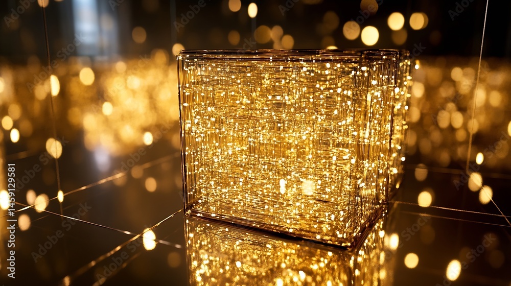 Poster Illuminated golden cube filled with sparkling lights, reflecting on a polished gold surface, creating a luxurious and festive atmosphere. : Generative AI