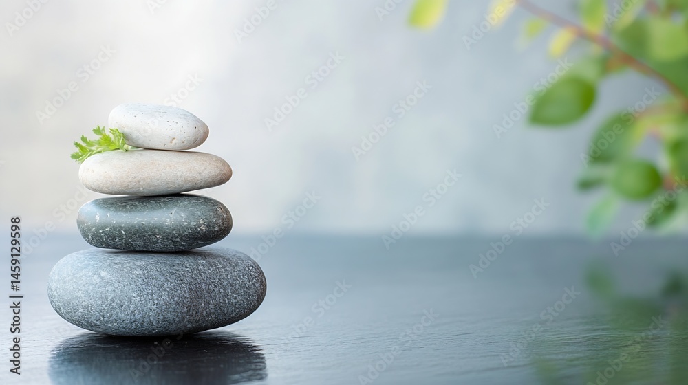 Aufkleber serene stack of grey and white stones with a sprig of green, resting on a dark surface against a sof