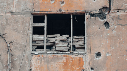 ruined street and destroyed houses in Ukraine