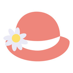 Wide-brimmed pink hat with white daisy and band.