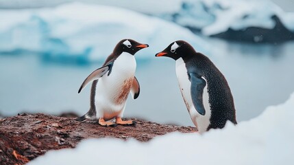 Obraz premium Two penguins face each other on a snowy rock outcrop.
