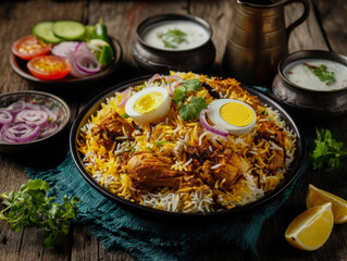 Aromatic Chicken Biryani with Fried Onions, Egg, and Coriander
