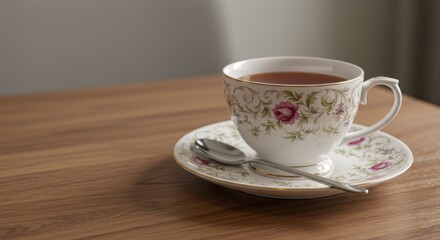 Obraz premium Elegant Teacup with Floral Design on Wooden Table: A Moment of Tranquility and Warmth
