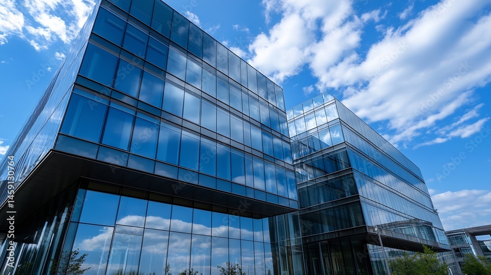 Poster Modern glass office building reflecting blue sky and clouds, showcasing contemporary architecture and design. The structure's sleek lines and expansive windows create a sense of openne : Generative AI