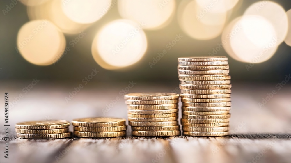 Poster four stacks of gold coins on a wooden surface, increasing in height, with a bokeh background of warm