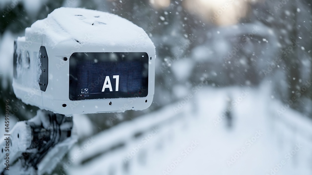 Poster snow-covered digital display showing a1 designation during a snowfall, mounted outdoors on a snowy l