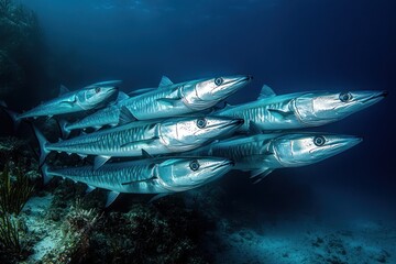 Fototapeta premium Fearsome Barracuda School Hunting in Deep Blue Waters